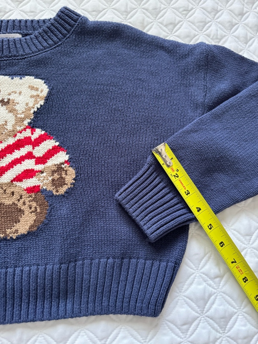 Grayson Threads Navy Blue Crewneck Cropped Sweater Teddy Bear USA Flag Size M - Picture 4 of 13